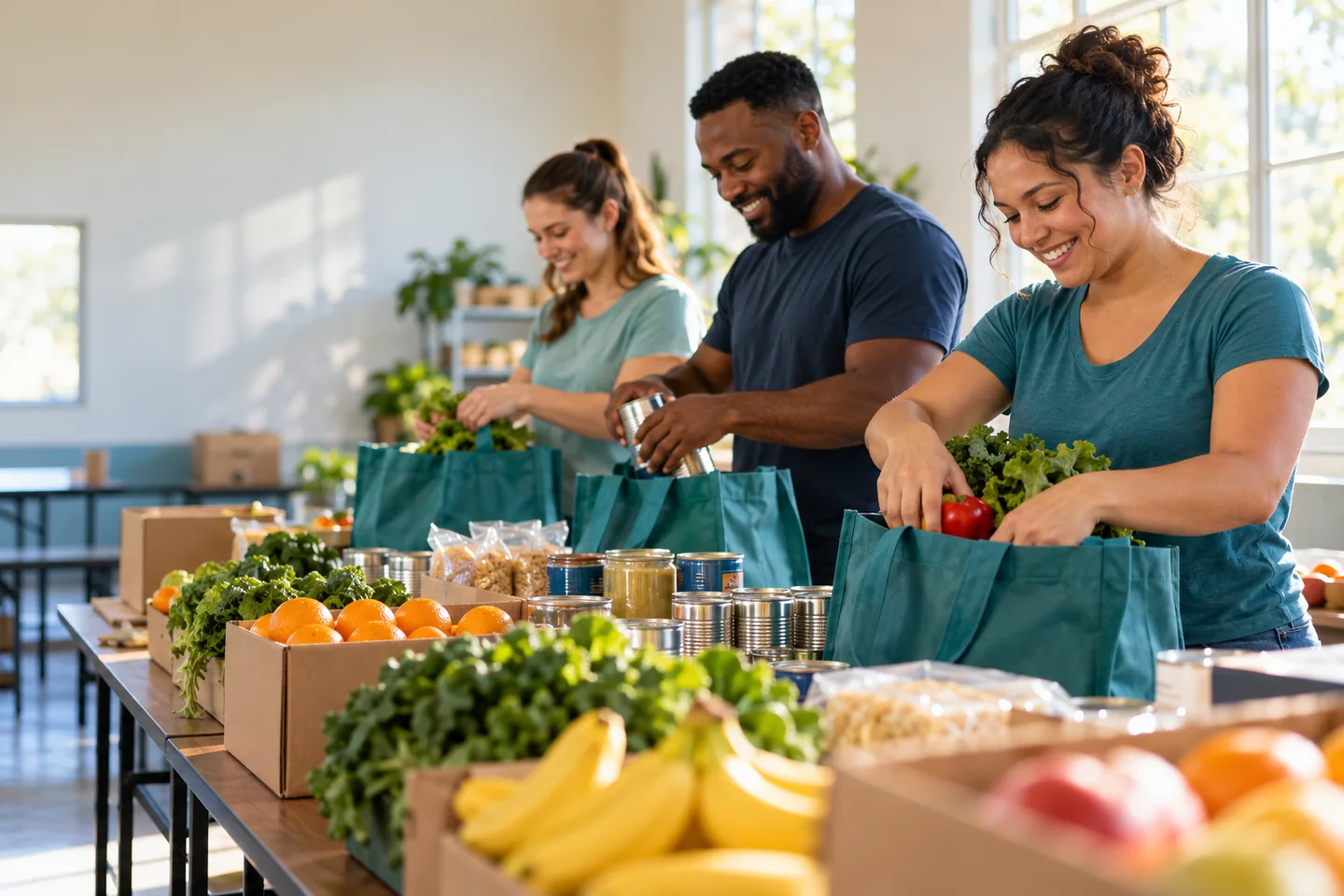Volunteers preparing groceries together in an illustrative community scene